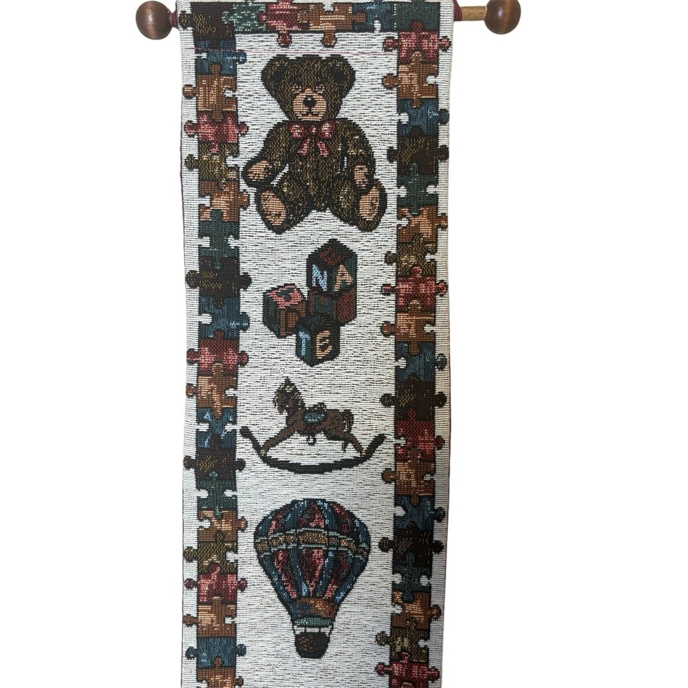 Teddy Bear, Balloon, Train, Toy Soldier, Tapestry Wall Hanging 5.5" x 38"